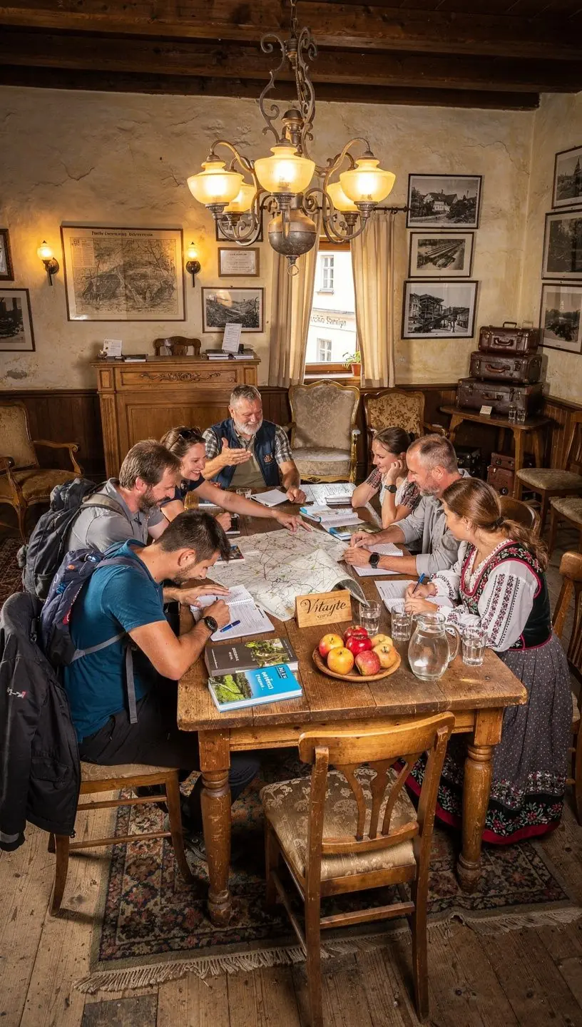 A cozy train station in Slovakia with travelers preparing for their journey, highlighting efficient public transport options.